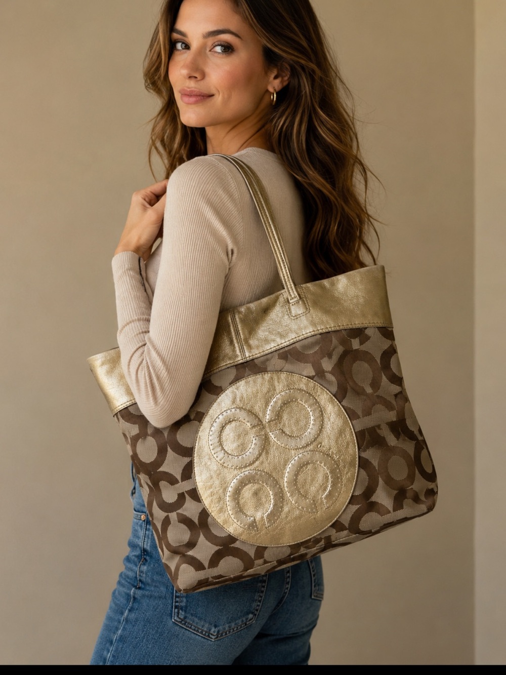 Coach Canvas & Metallic Signature Canvas Tote